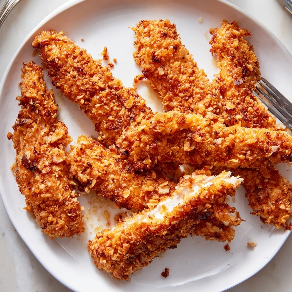 Crispy Baked Chicken Tenders arranged on a tray, golden and ready for dipping sauces.