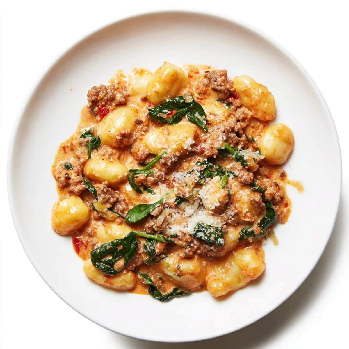 Steaming Creamy Tomato and Sausage Gnocchi, ready to be enjoyed as a hearty Italian-inspired meal.