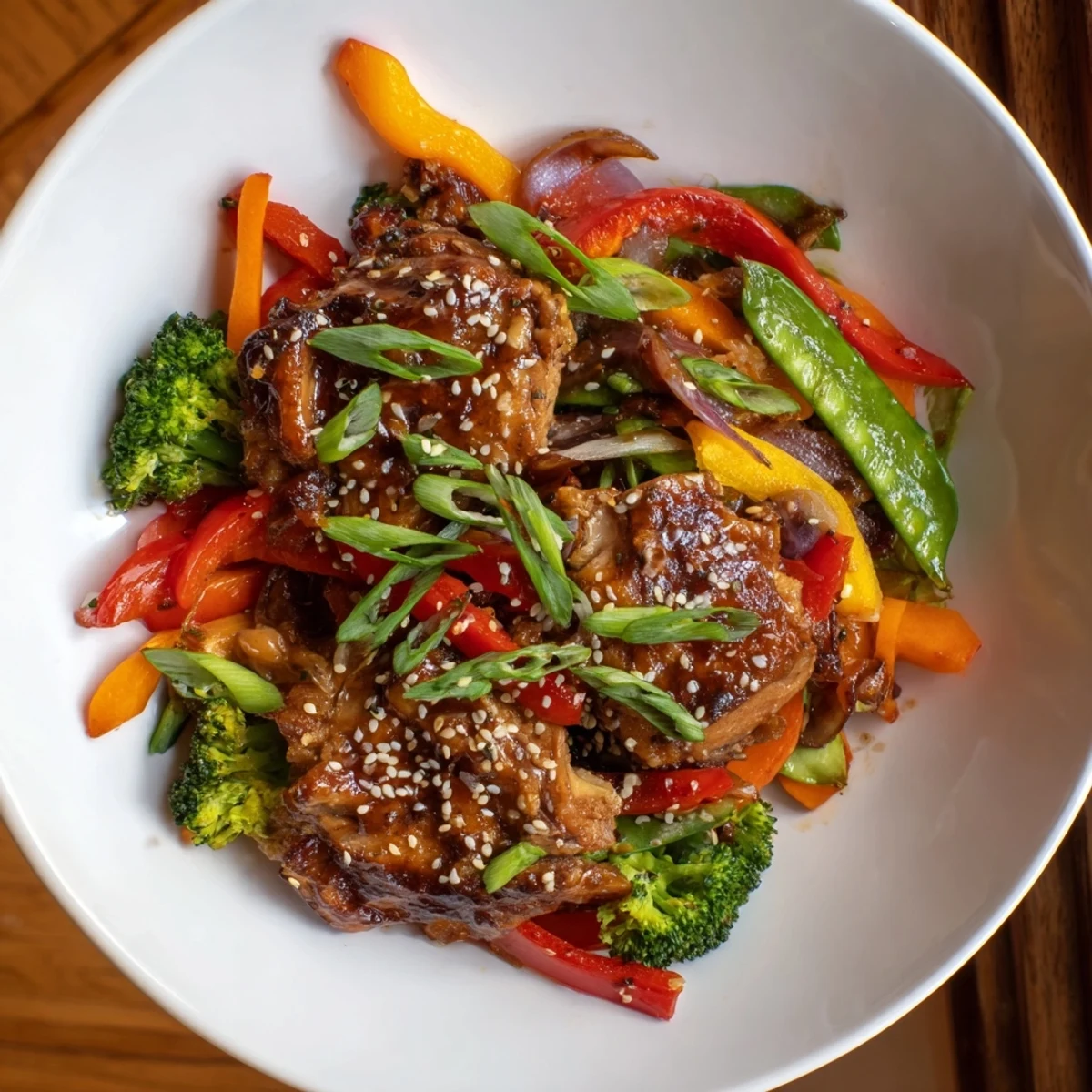 Sheet Pan Chicken Stir-Fry: a colorful meal with tender chicken and crisp, glazed vegetables.