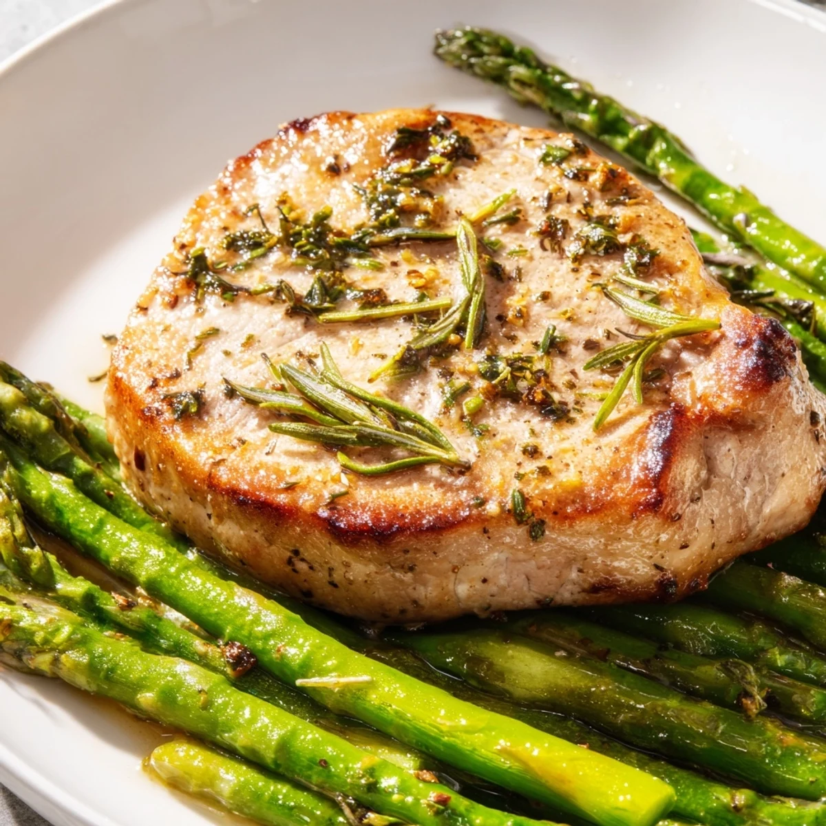 Golden-brown One-Pan Lemon Herb Pork Chops nestle with tender asparagus for a flavorful dinner.