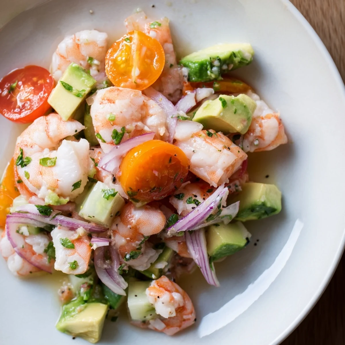 Zesty Light & Fresh Shrimp Ceviche with colorful vegetables and bright citrus juice, served cold.