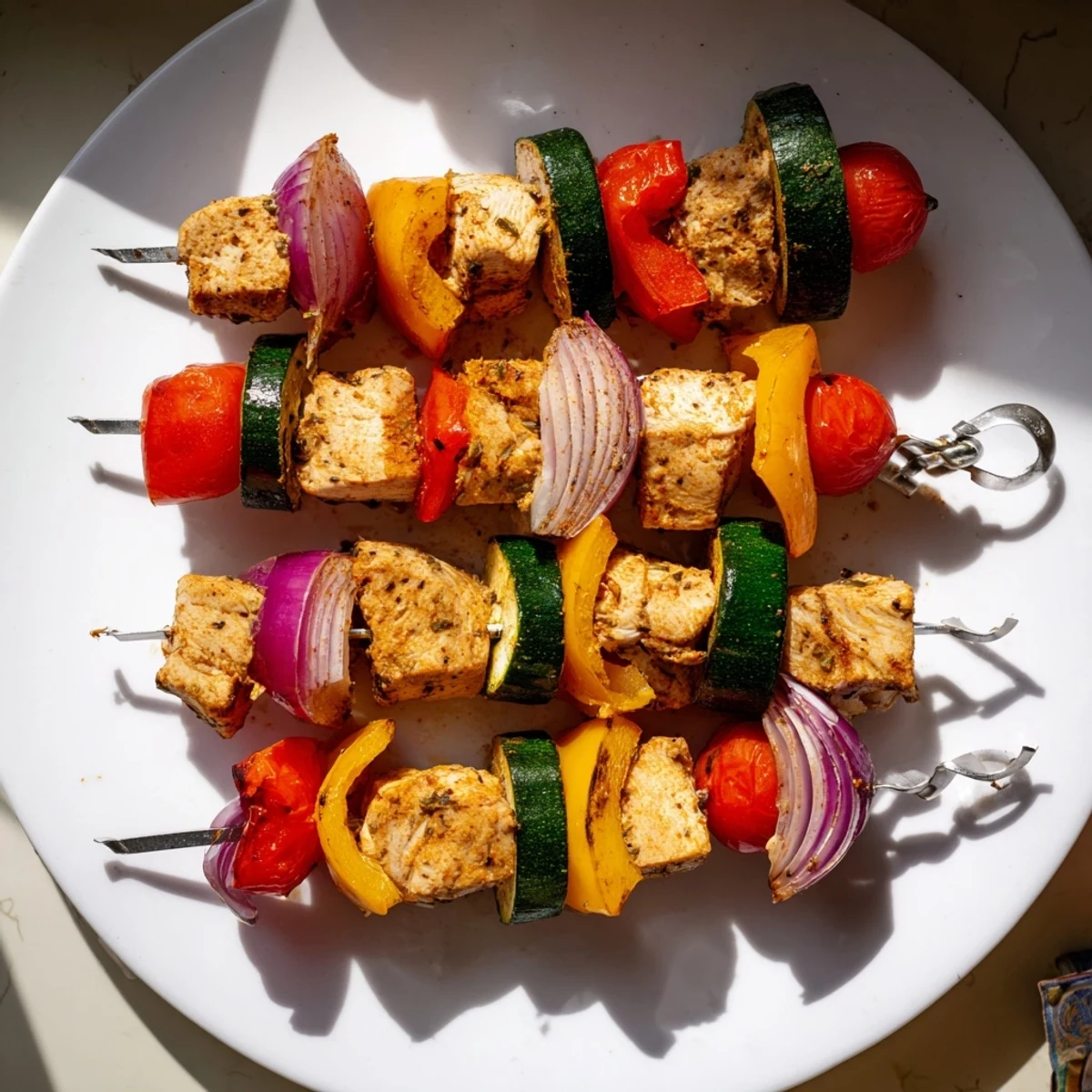 Perfectly grilled Chicken and Veggie Skewers, showcasing tender chicken and colorful, caramelized vegetables on skewers.
