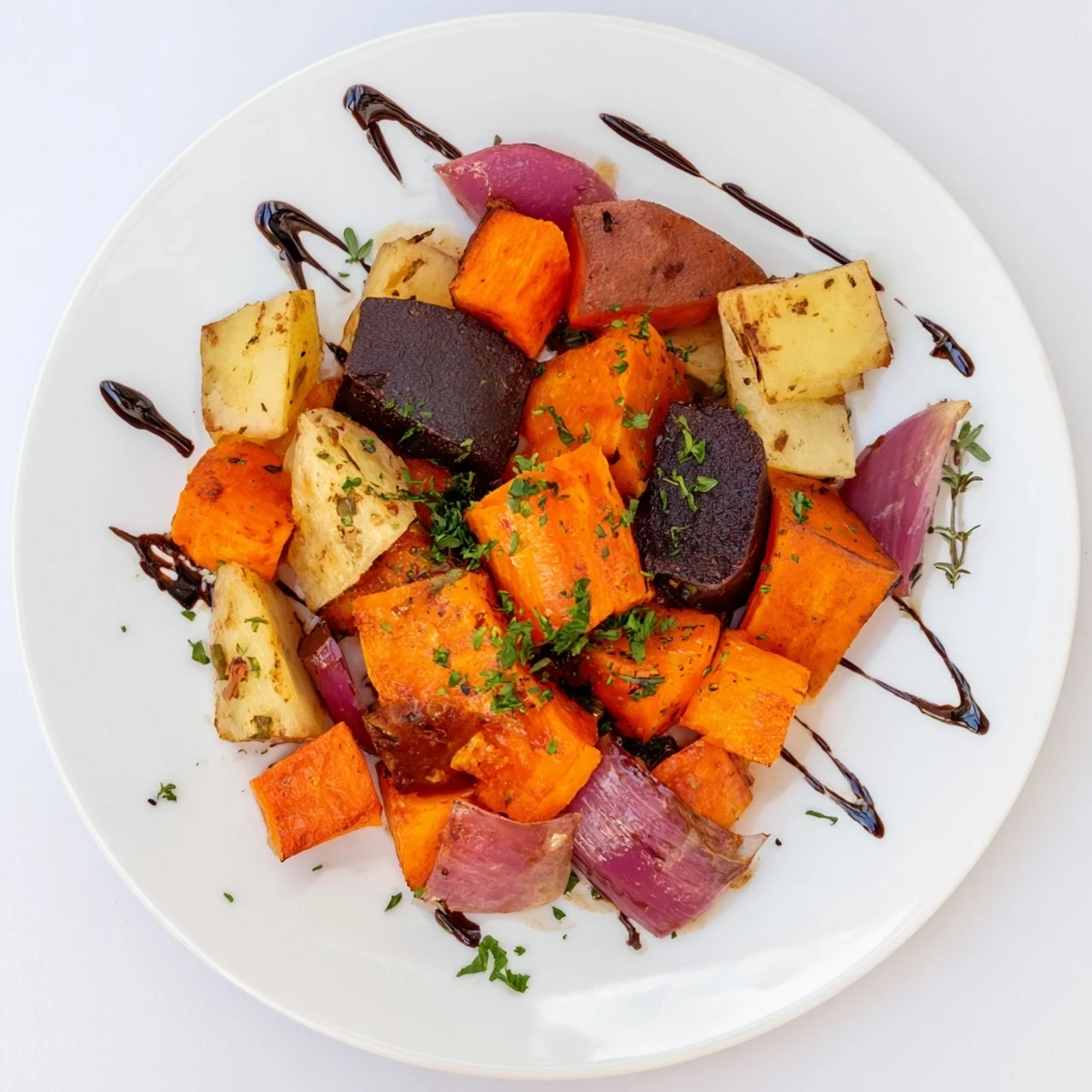 Golden-brown Roasted Root Vegetable Medley glistening with balsamic glaze, a perfect side dish.