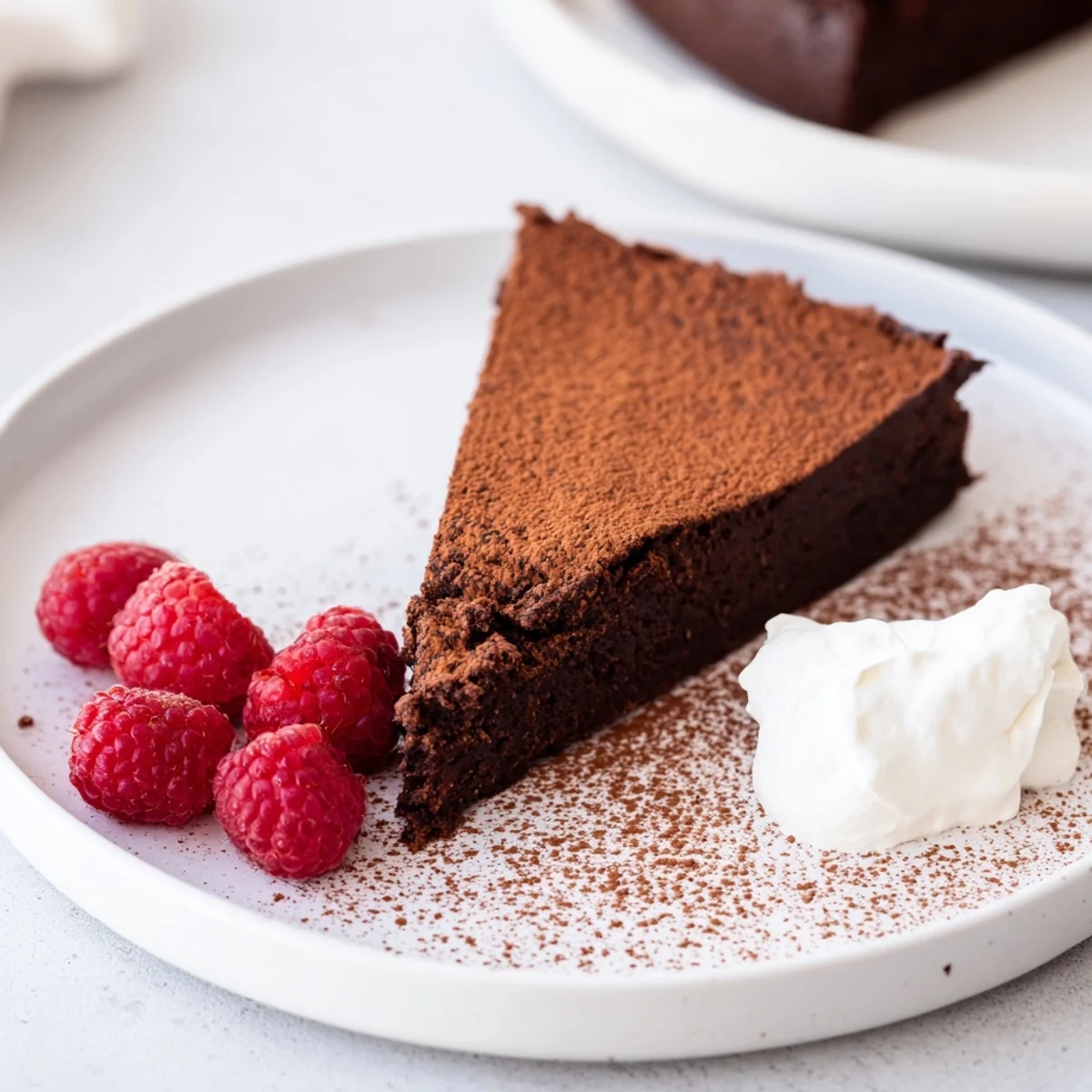 Decadent Flourless Chocolate Cake, dusted with cocoa and ready to serve with fresh berries.