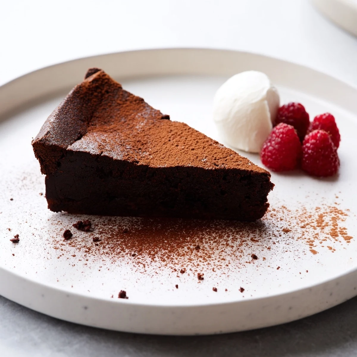 A slice of warm Decadent Flourless Chocolate Cake, boasting an intense, smooth chocolate flavor.