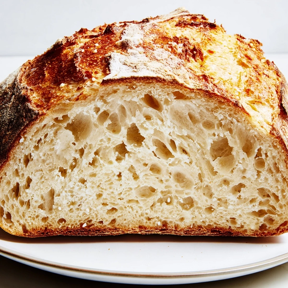 Golden-crusted, airy loaf of The Best Easy No-Knead Bread, ready to be sliced and enjoyed.