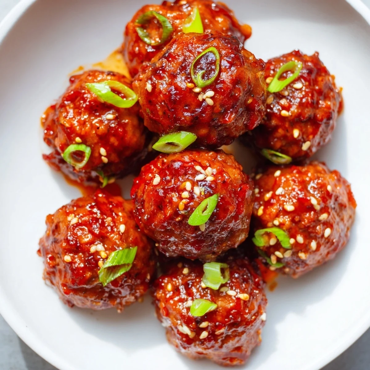 Golden-brown Spicy Sriracha Honey Meatballs glistening with a sweet and savory sauce for serving.