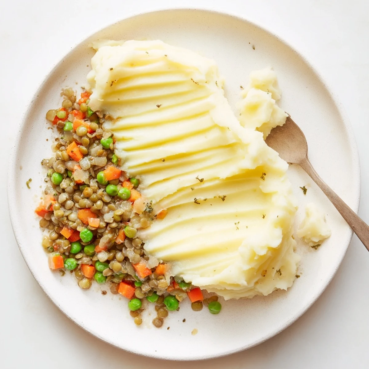 Hearty Lentil Shepherd's Pie overflowing with savory lentils and fluffy mashed potato topping, ready to eat.