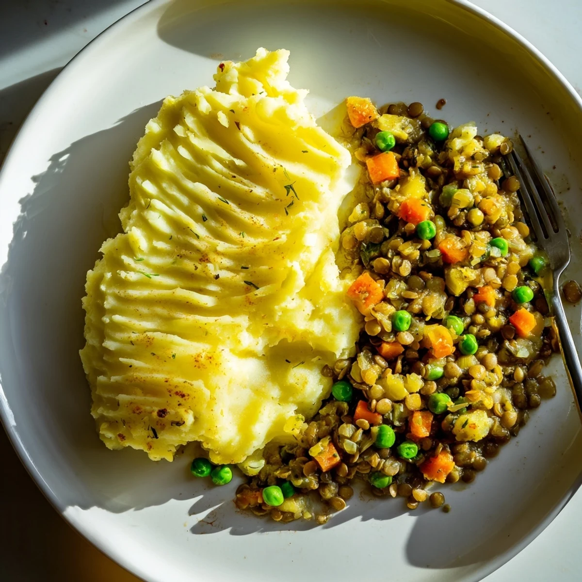 A golden-brown baked dish shows off a delicious serving of vegetable-filled Hearty Lentil Shepherd's Pie.