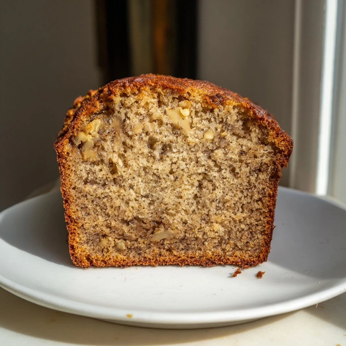 A golden-brown Simple Banana Bread loaf, warm and inviting, ready to slice and enjoy.