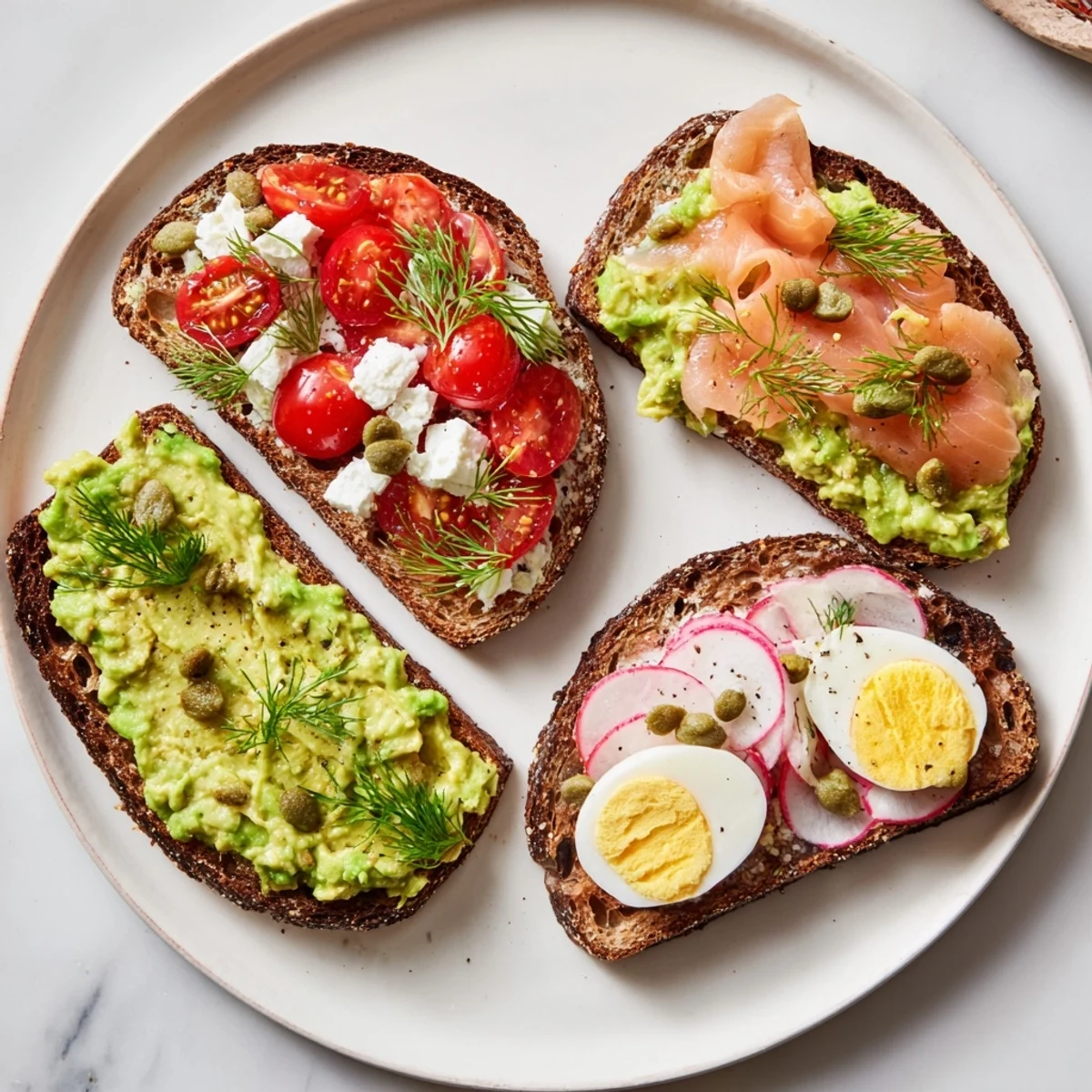 Creamy avocado toast, topped with fresh tomatoes, basil, and crumbled feta cheese ready to enjoy.