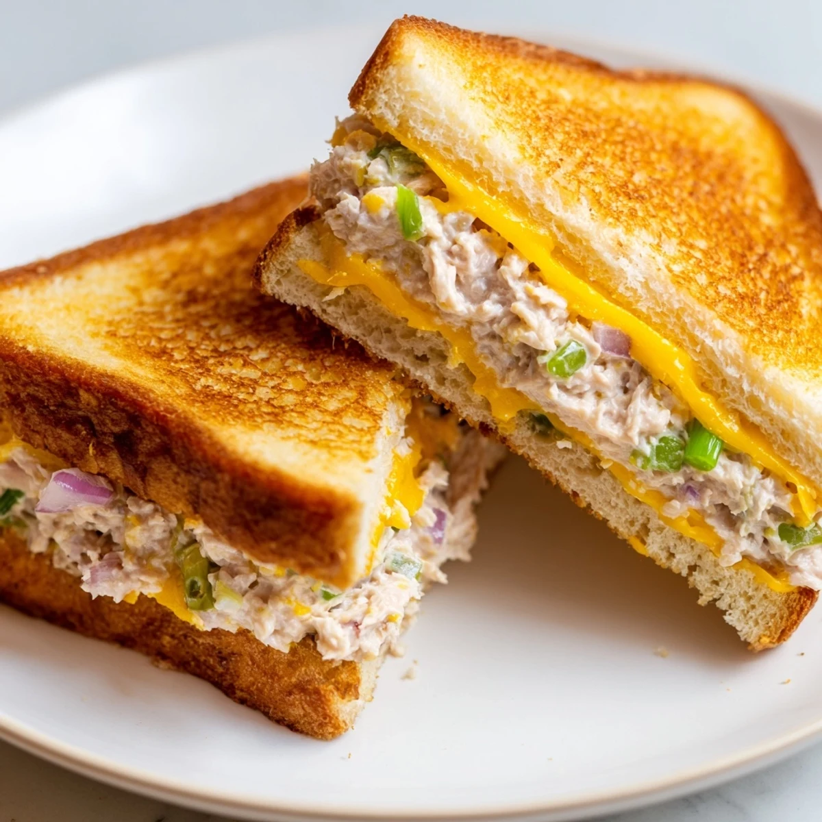 Golden, gooey Classic Tuna Melt Sandwich with melted cheddar cheese ready for a bite.