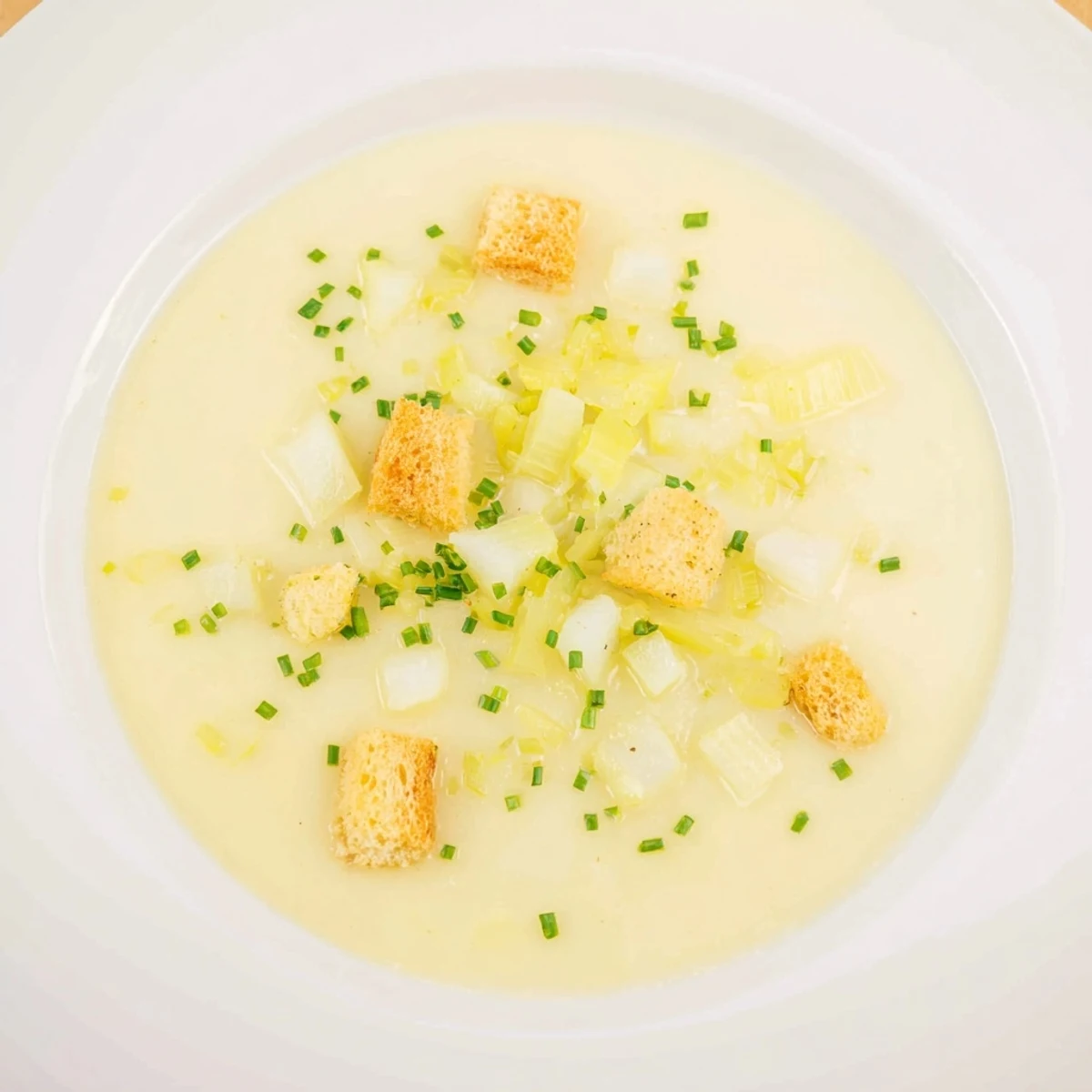 Creamy, comforting Quick & Simple Potato and Leek Soup: imagine the smooth texture, garnished with fresh herbs.