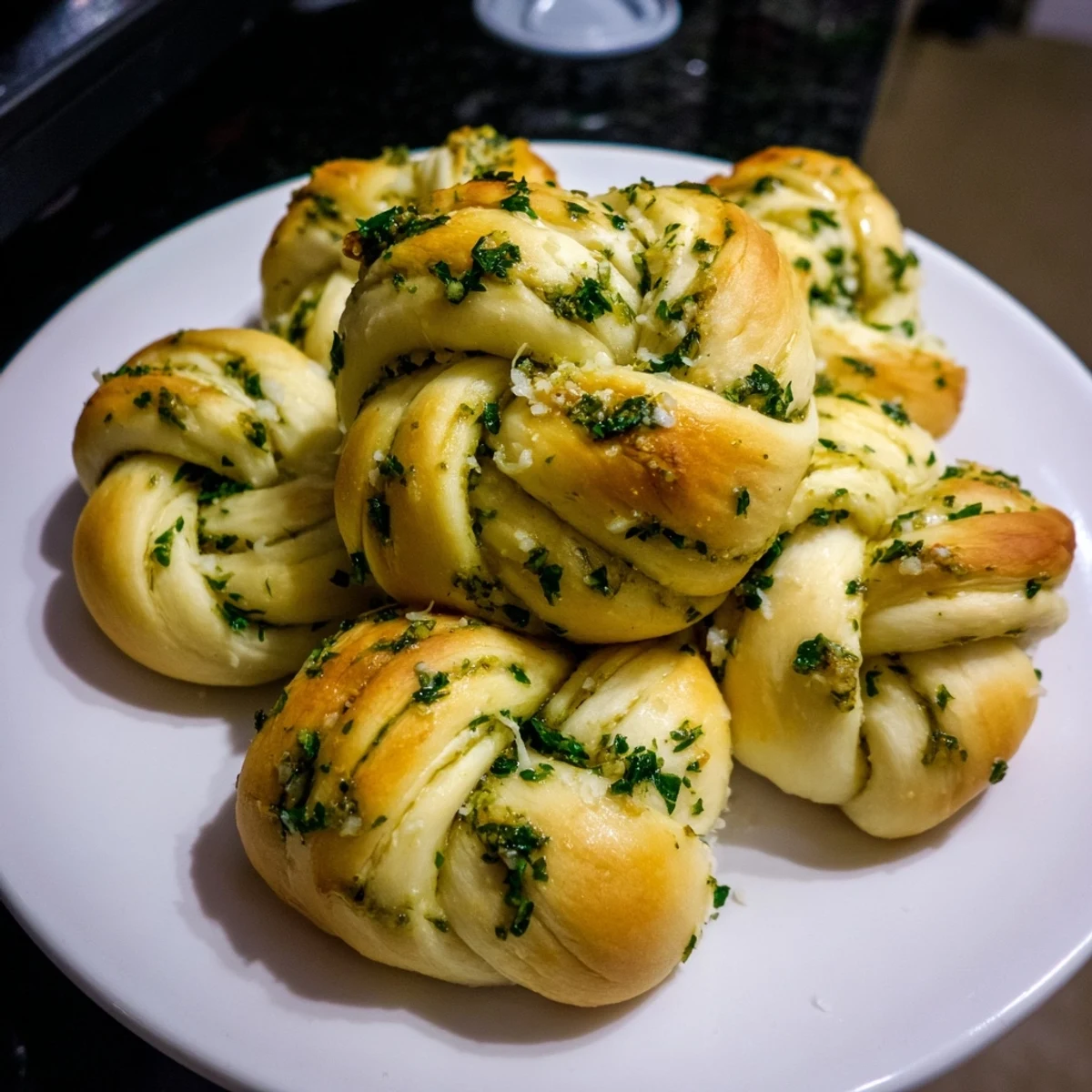 Golden-brown homemade garlic knots, brushed with melted garlic butter and fresh parsley, perfect appetizer.