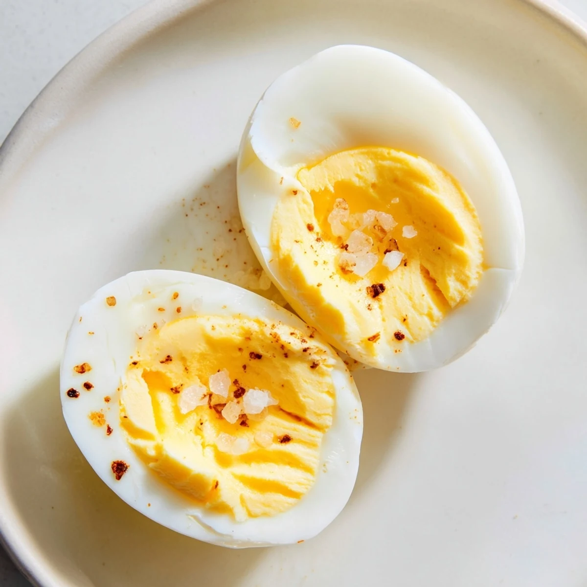 Perfect hard-boiled eggs with bright yellow yolks, ready to be sliced for a fresh salad.