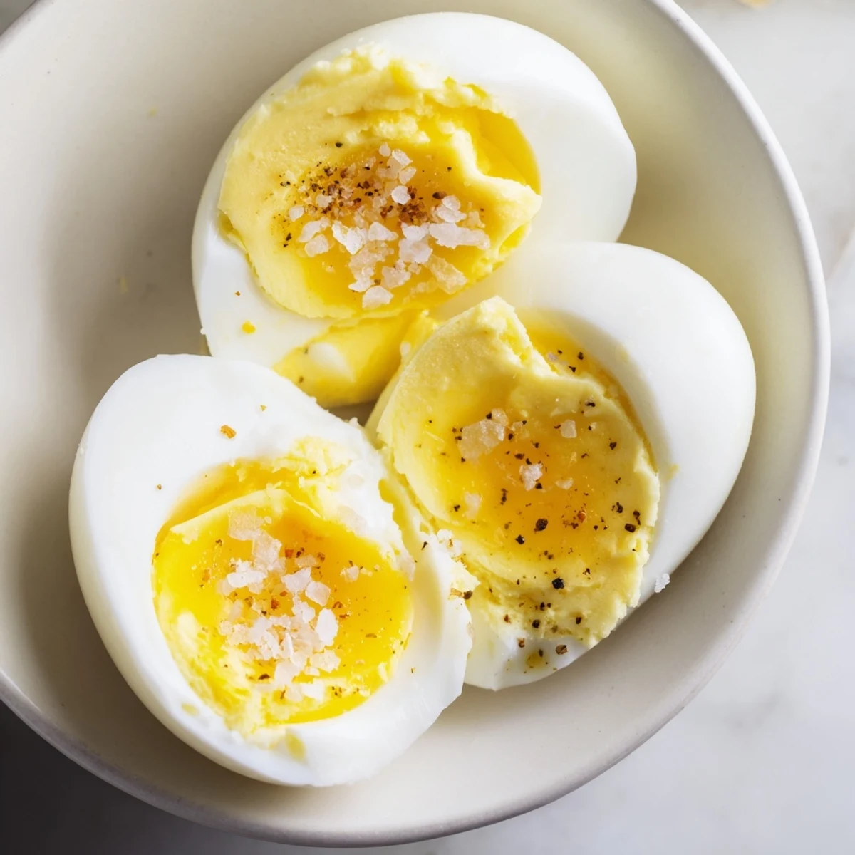 A close-up of delicious perfect hard-boiled eggs ready for a quick and healthy snack.