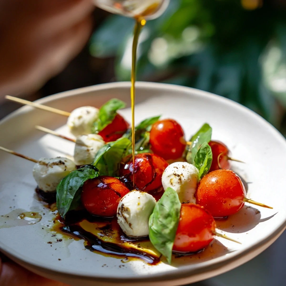Fresh Caprese salad skewers arranged on a platter, showcasing vibrant tomatoes and creamy mozzarella.