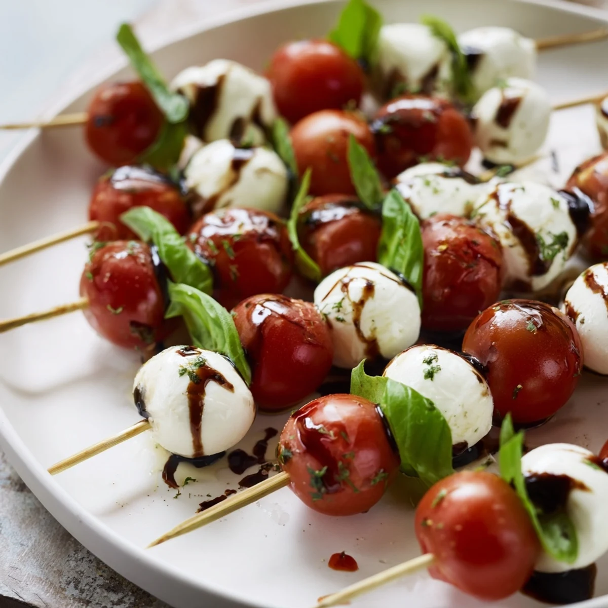 Close-up of fresh Caprese salad skewers, highlighting basil's aroma, ready for easy party appetizers.