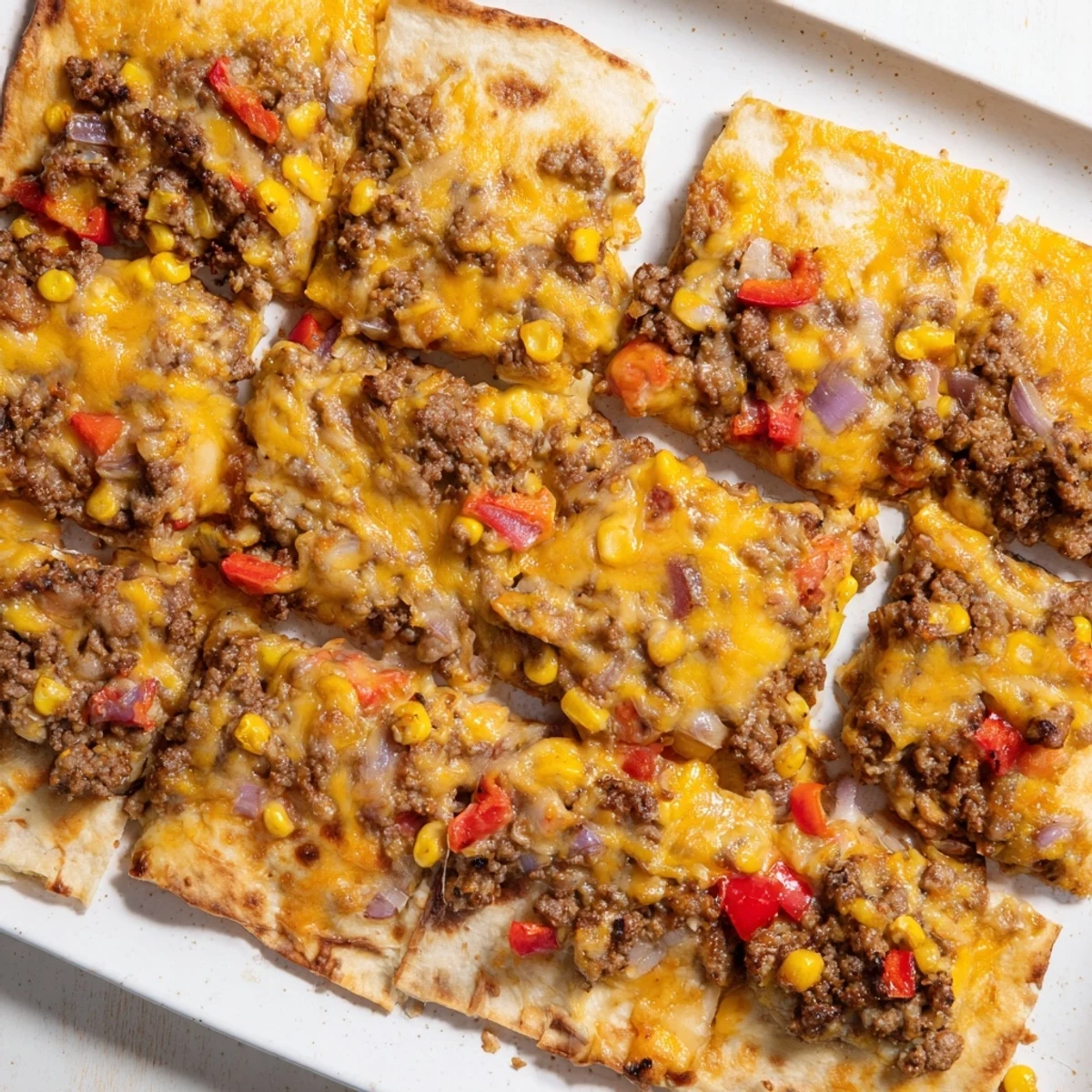 Golden sheet pan quesadillas filled with melty cheese and savory beef, ready to be sliced.