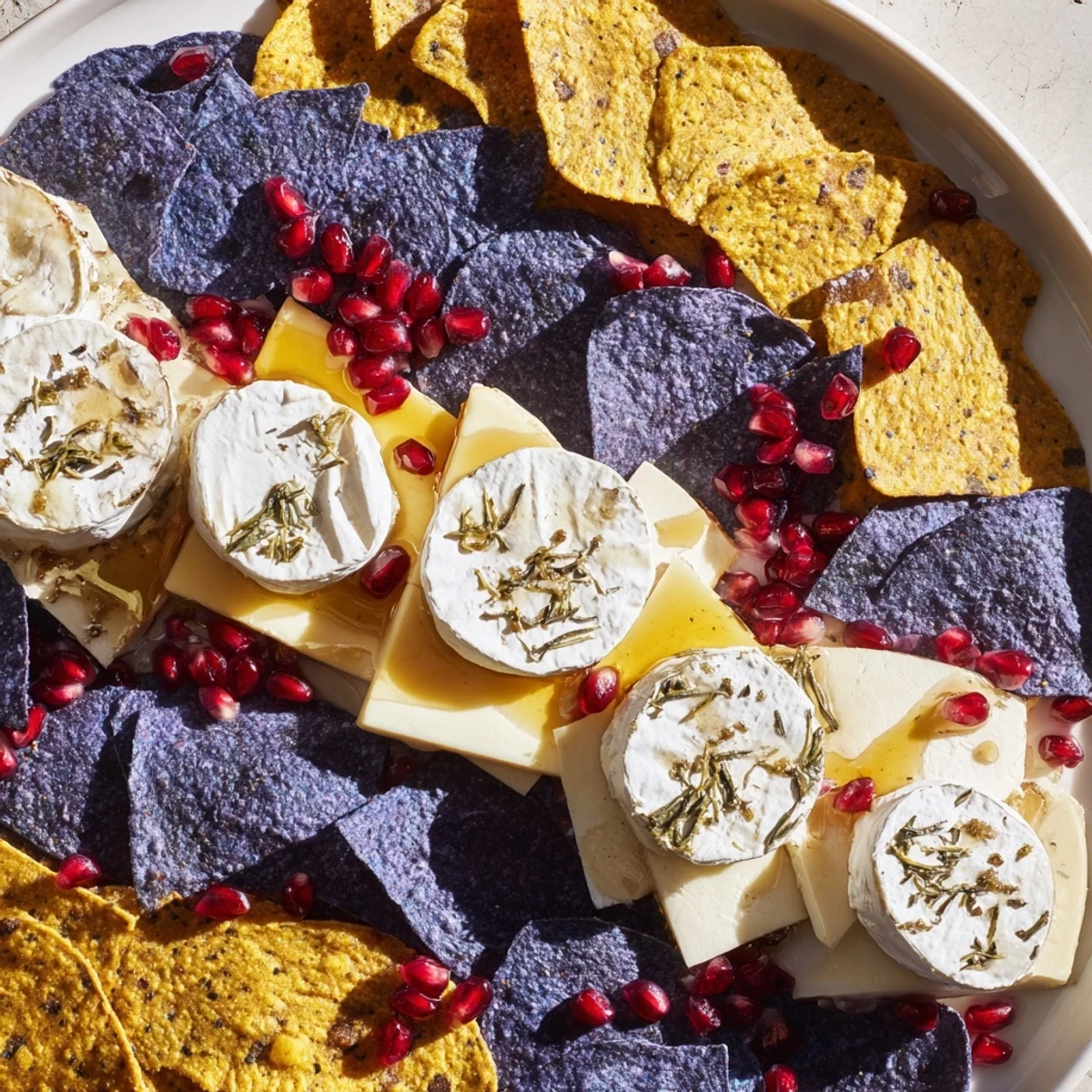 The Stepping Stones appetizer, featuring creamy cheese rounds, crosses vibrant blue corn chips and looks delicious.
