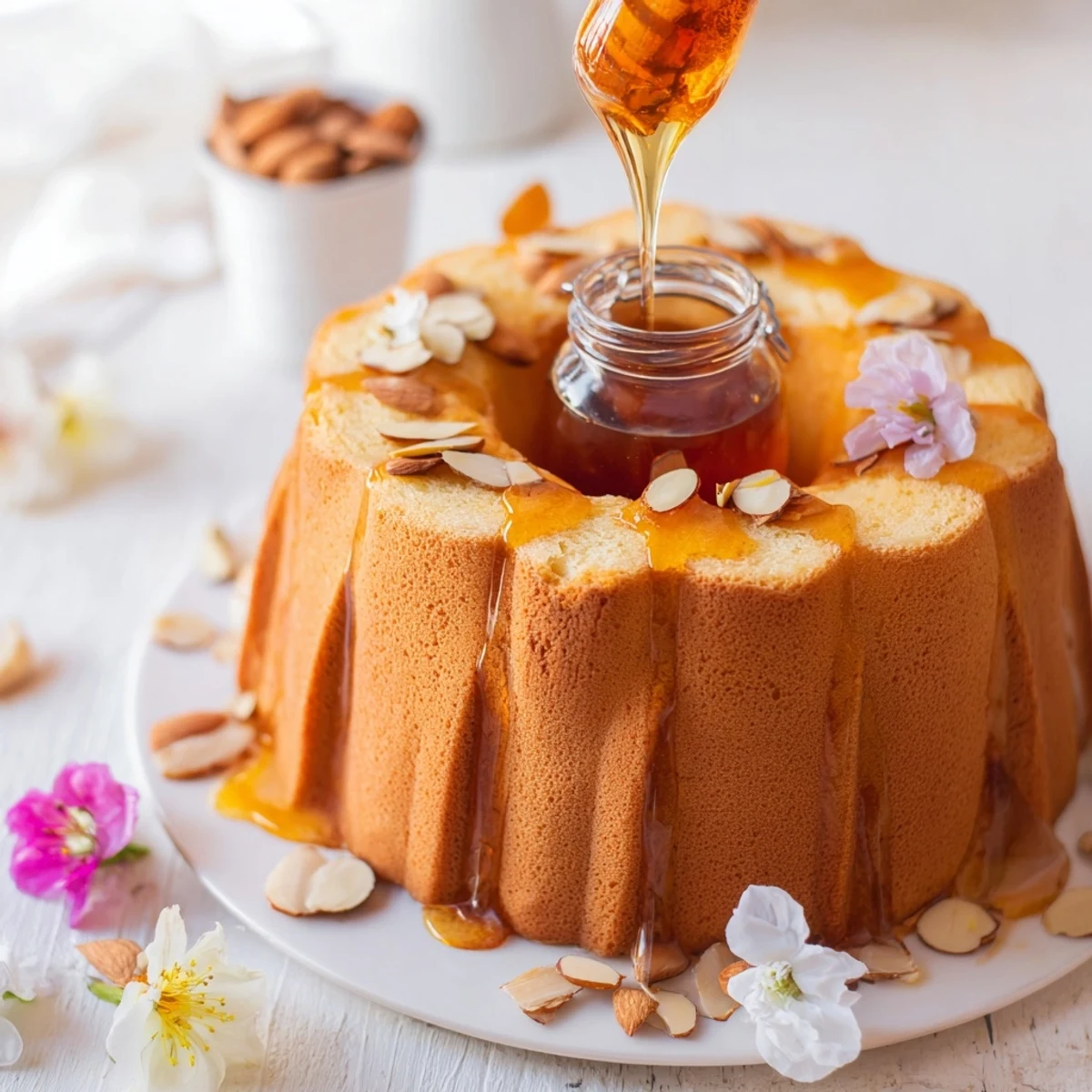 Golden layers of The Honey-Drip cake, frosted with honey cream, ready for a sweet bite.