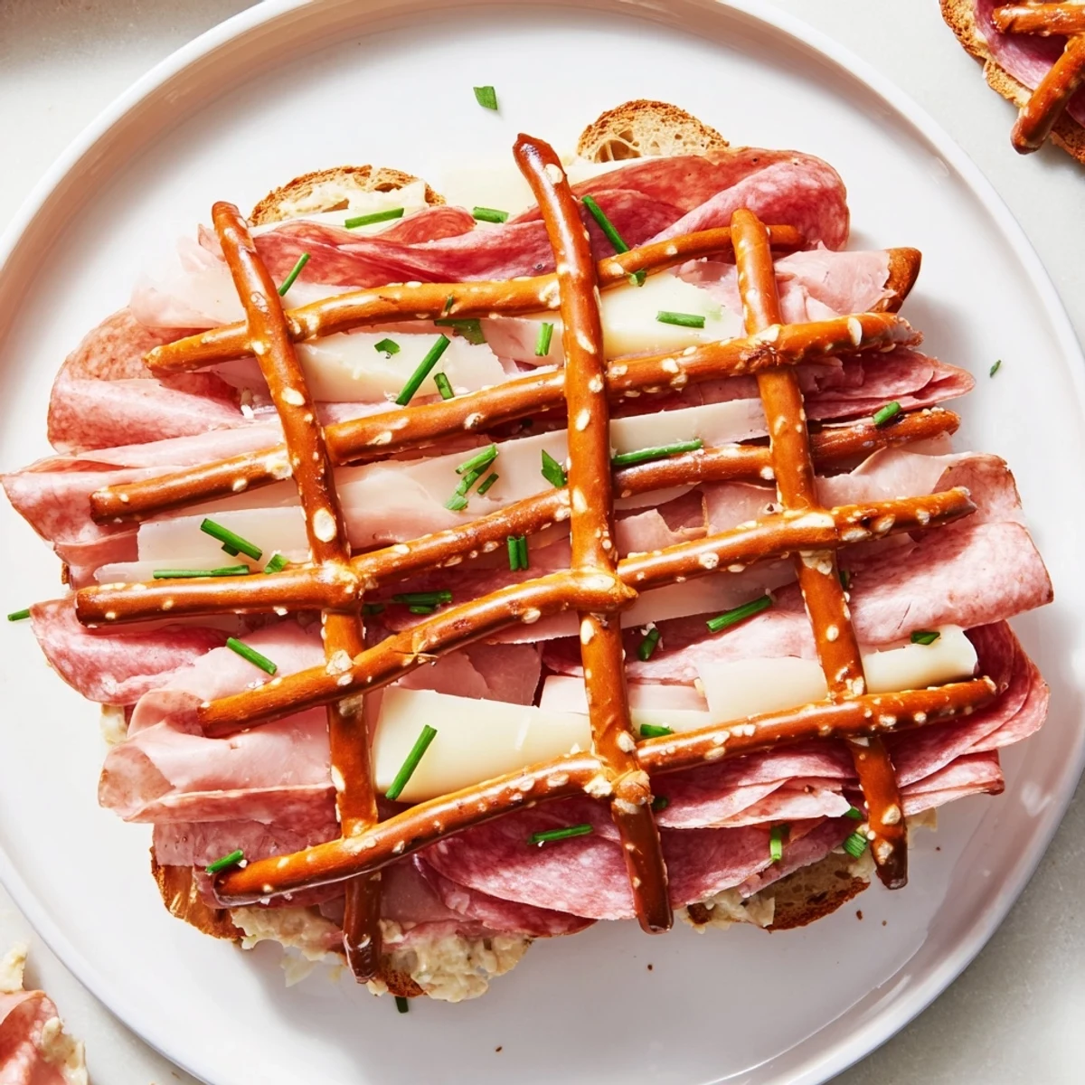 Appetizing The Lattice Window appetizer featuring a pretzel lattice over cured meats and cheeses, ready to eat.
