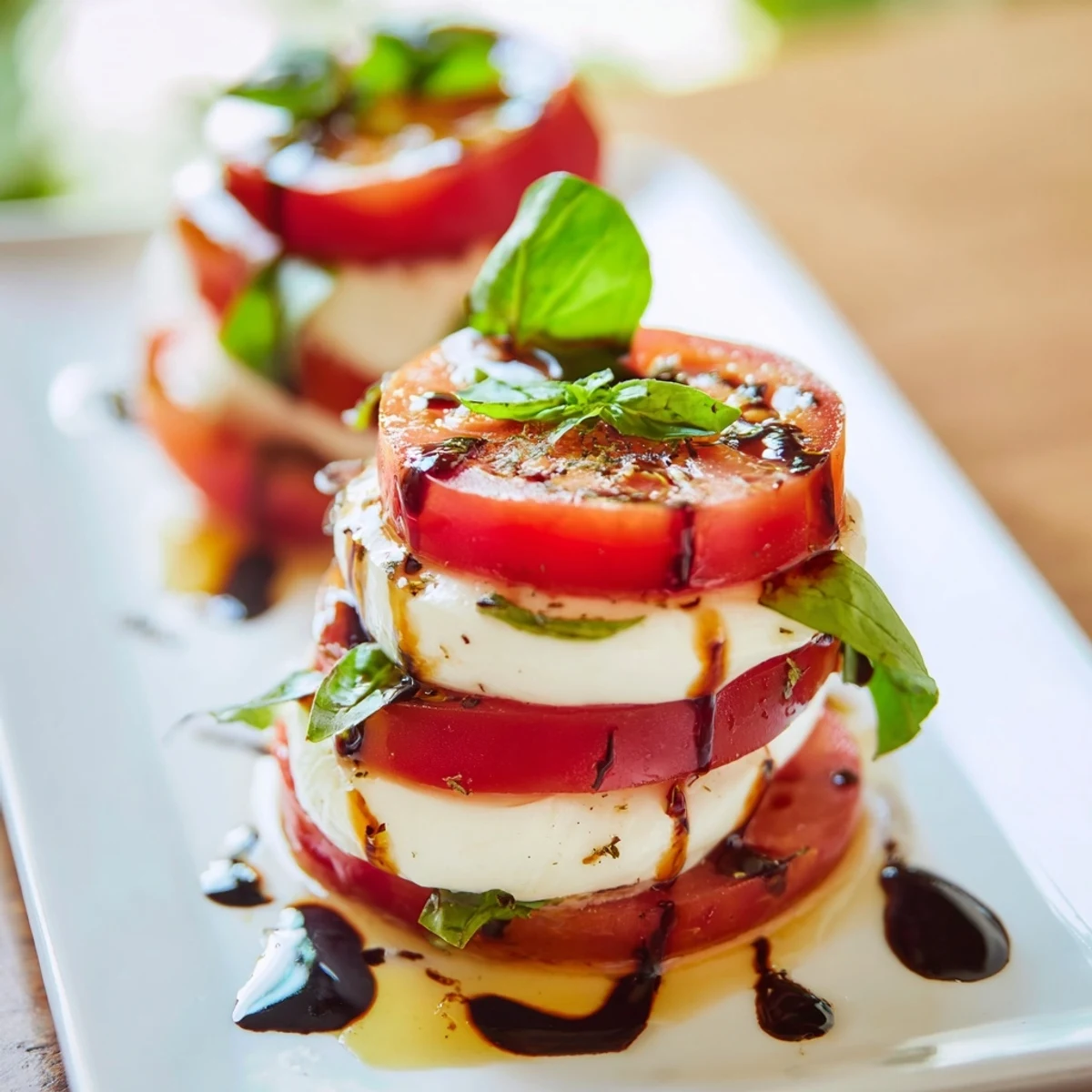 A beautiful Tuscan Pillar appetizer: layered tomatoes, mozzarella, and basil drizzled in balsamic glaze.
