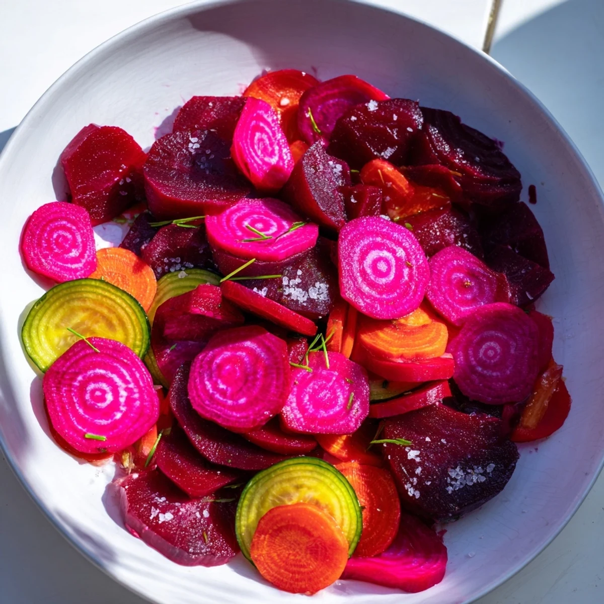 The Neon Night appetizer plate bursts with color, showcasing vibrant pickles and beet-dyed eggs.