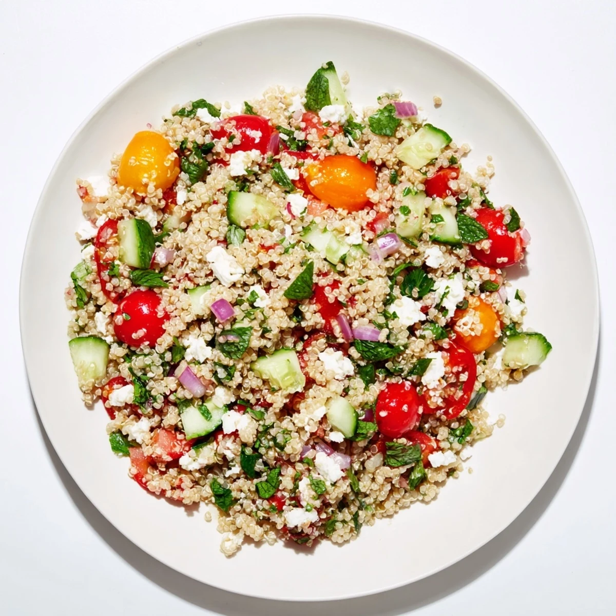 A colorful bowl of Make-Ahead Quinoa Salad, featuring vibrant tomatoes and a tangy lemon dressing for a satisfying meal.