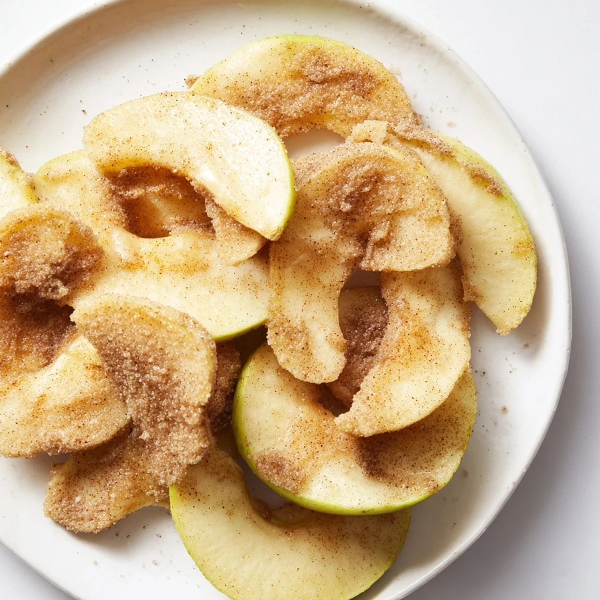 Golden, caramelized baked apple slices glistening with cinnamon-brown sugar, ready to savor.