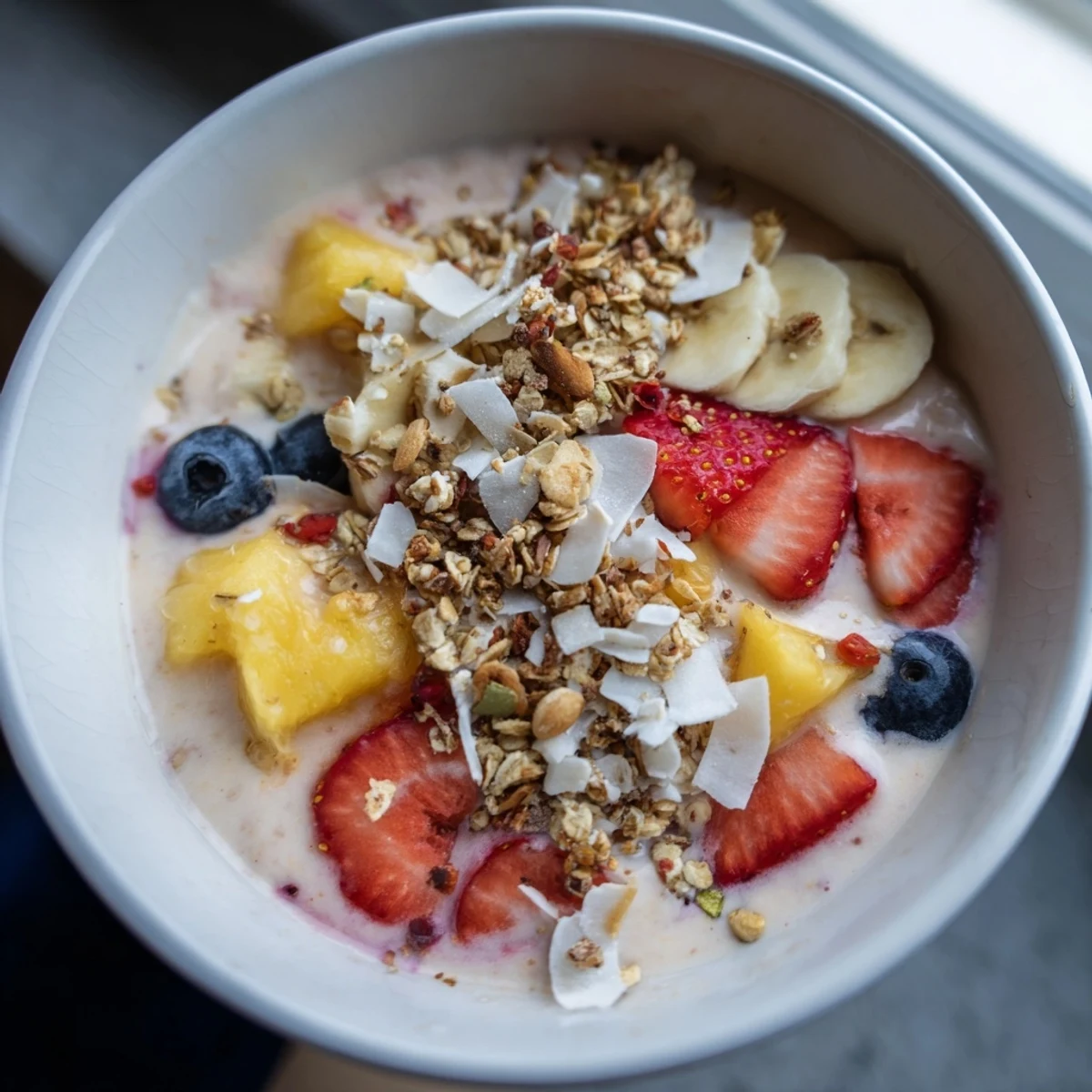 Overhead view of colorful Breakfast Smoothie Packs, ready to blend for a quick, healthy breakfast.