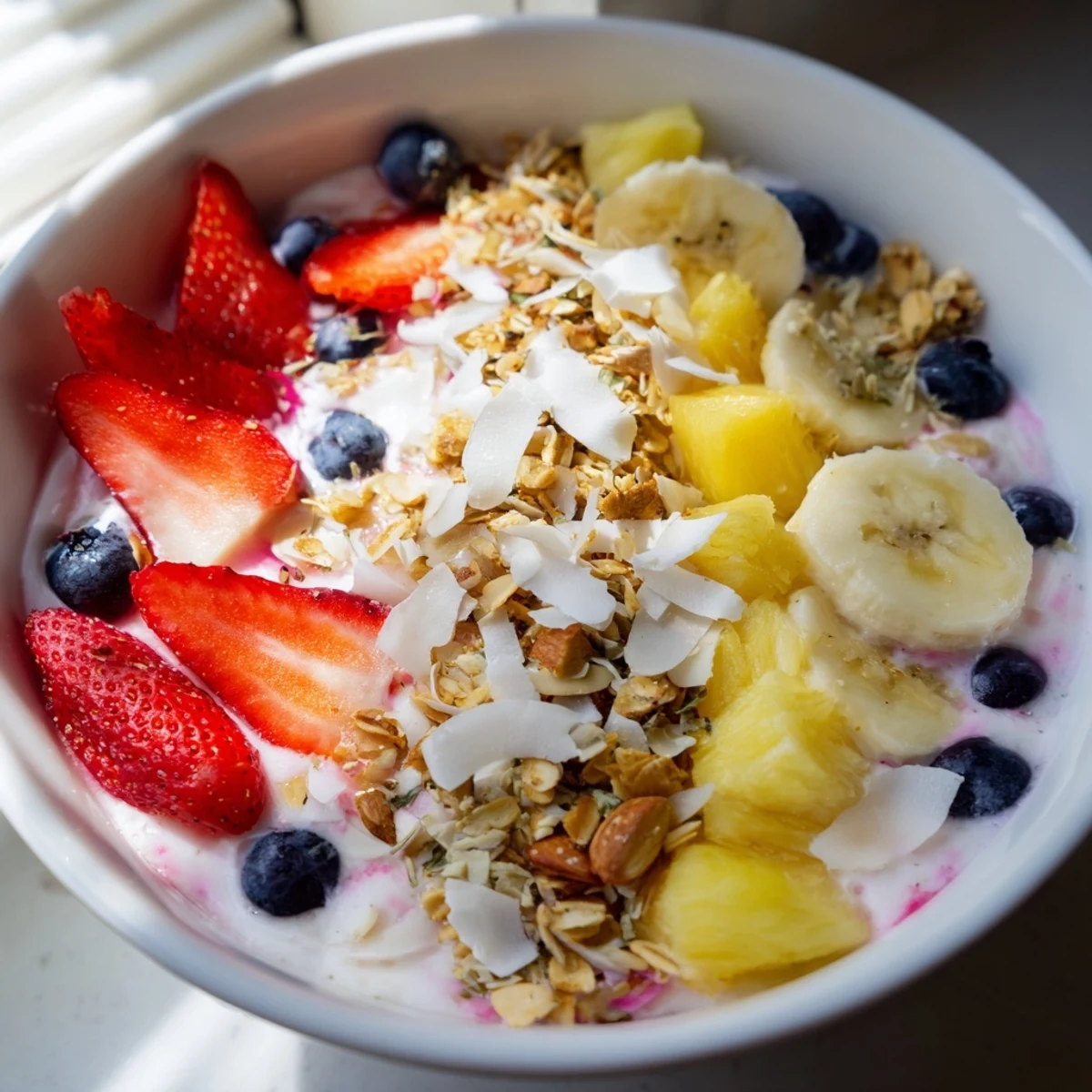 Creamy homemade Breakfast Smoothie Packs in bowls, topped with granola and fresh fruit.