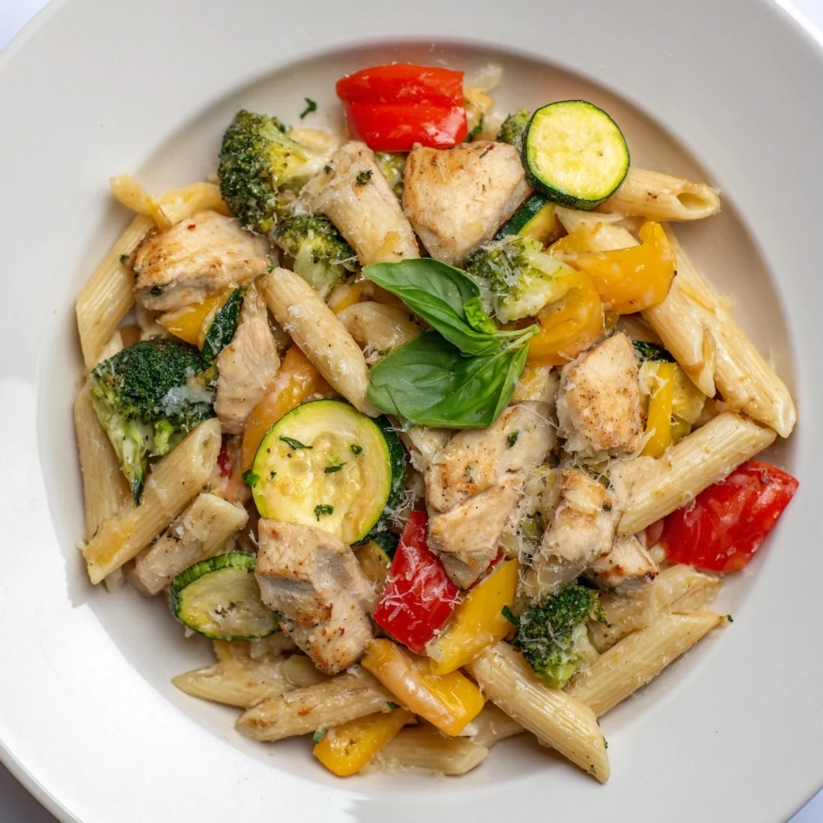 Plate of 5-4-3-2-1 Pasta Primavera: Chicken and colorful vegetables mixed in a creamy sauce.