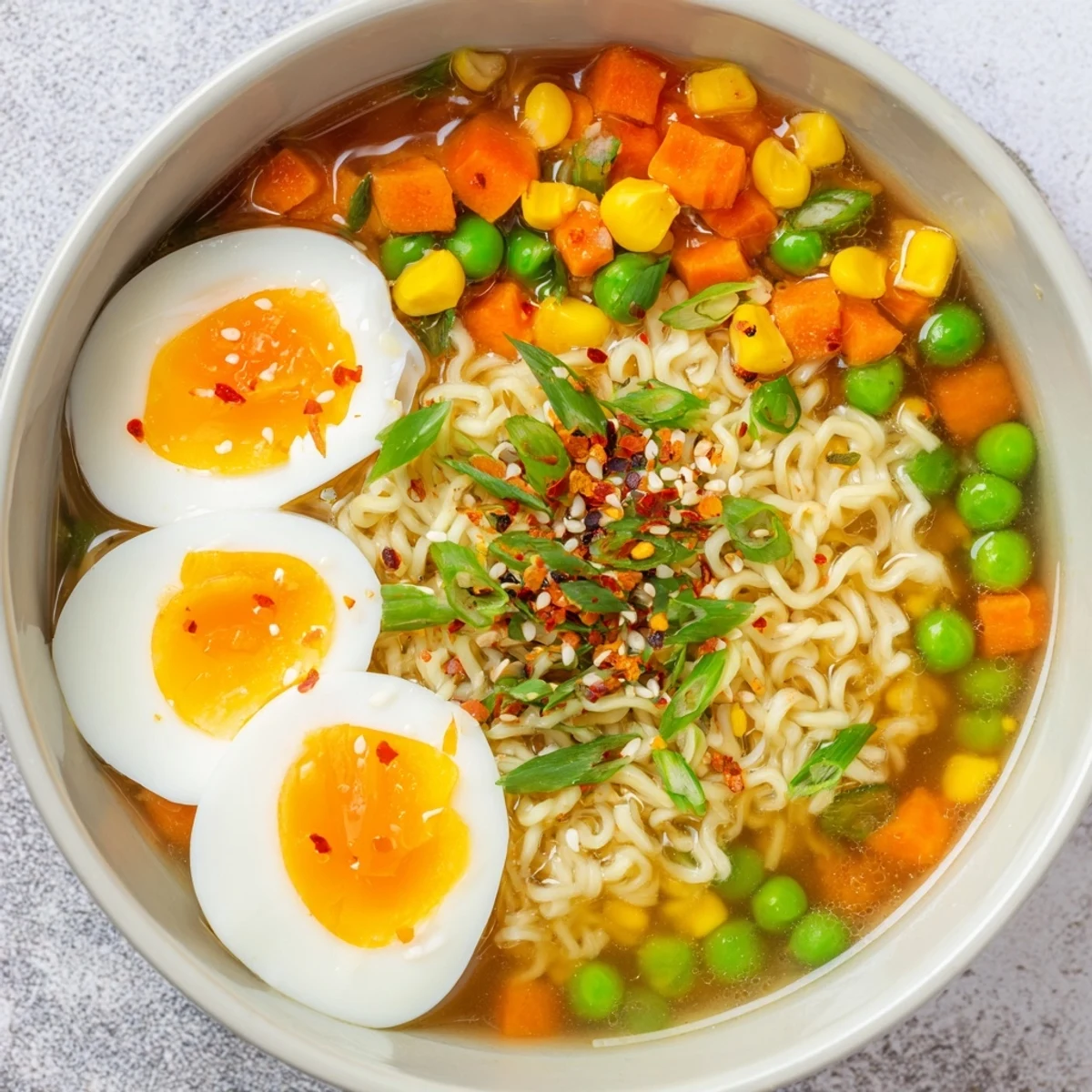 Vibrant Ramen Upgrade with Frozen Peas features tender noodles and bright green peas, ready to enjoy.