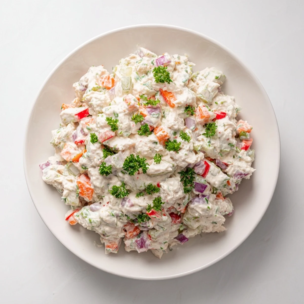 Creamy canned chicken salad with Mrs. Dash, pictured with colorful veggies and herbs, ready to serve.