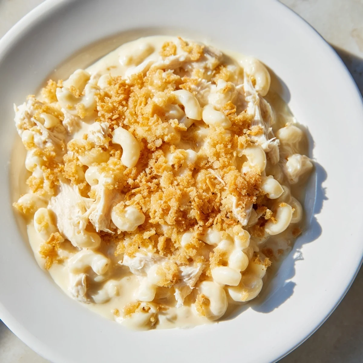 A steaming bowl of Struggle Meal Chicken Macaroni shows off its melty cheese topping and tender pasta.