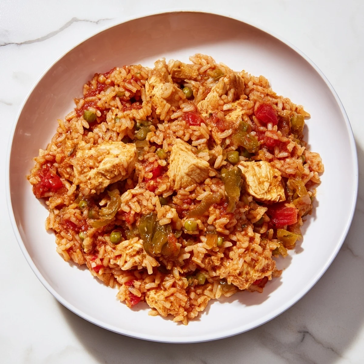 Warm and inviting close-up of One-Pot Chicken and Rice, showcasing the fluffy rice and juicy chicken pieces.