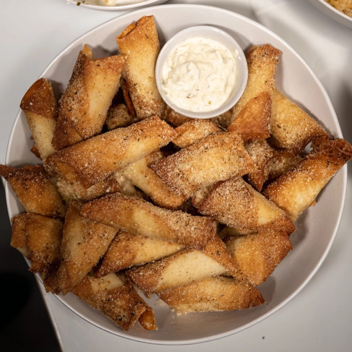 Golden-brown air fryer lumpia chips alongside creamy chicken cream cheese dip, a delicious party snack.