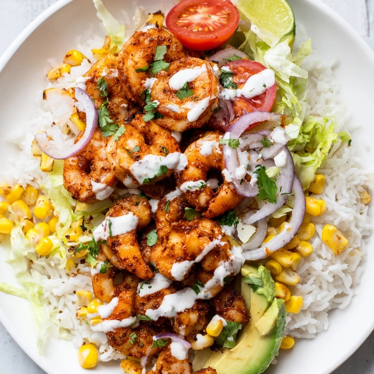 Vibrant Cajun Shrimp Taco Bowls with fluffy rice, colorful veggies, and creamy avocado, ready to eat.