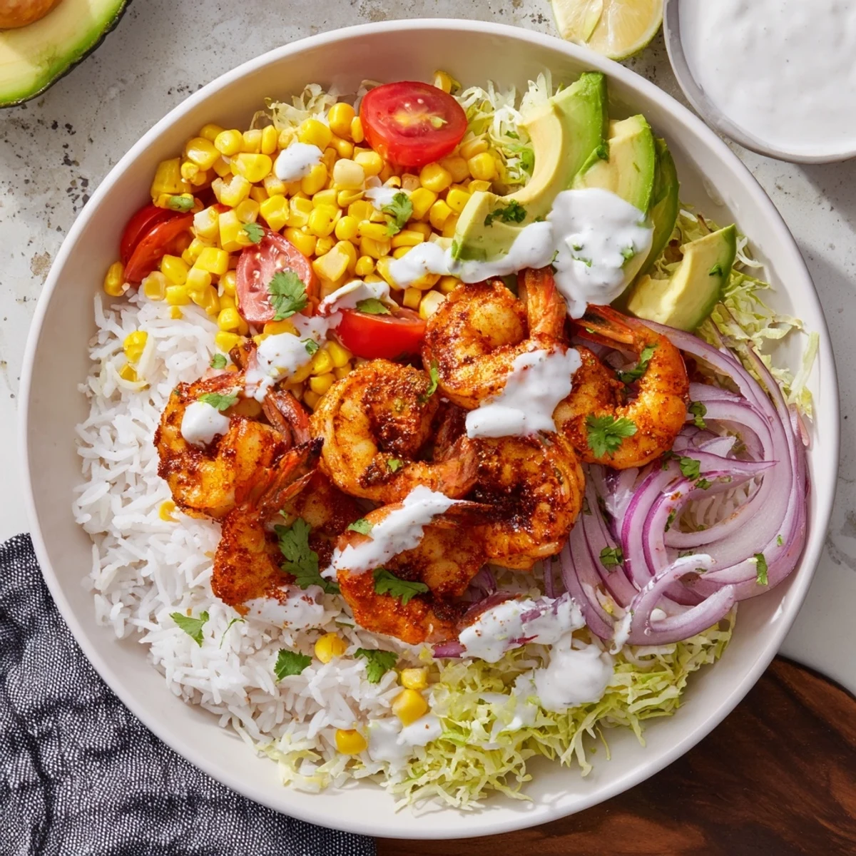 Spicy Cajun shrimp topping a bed of fluffy rice in a colorful, beautifully arranged taco bowl.