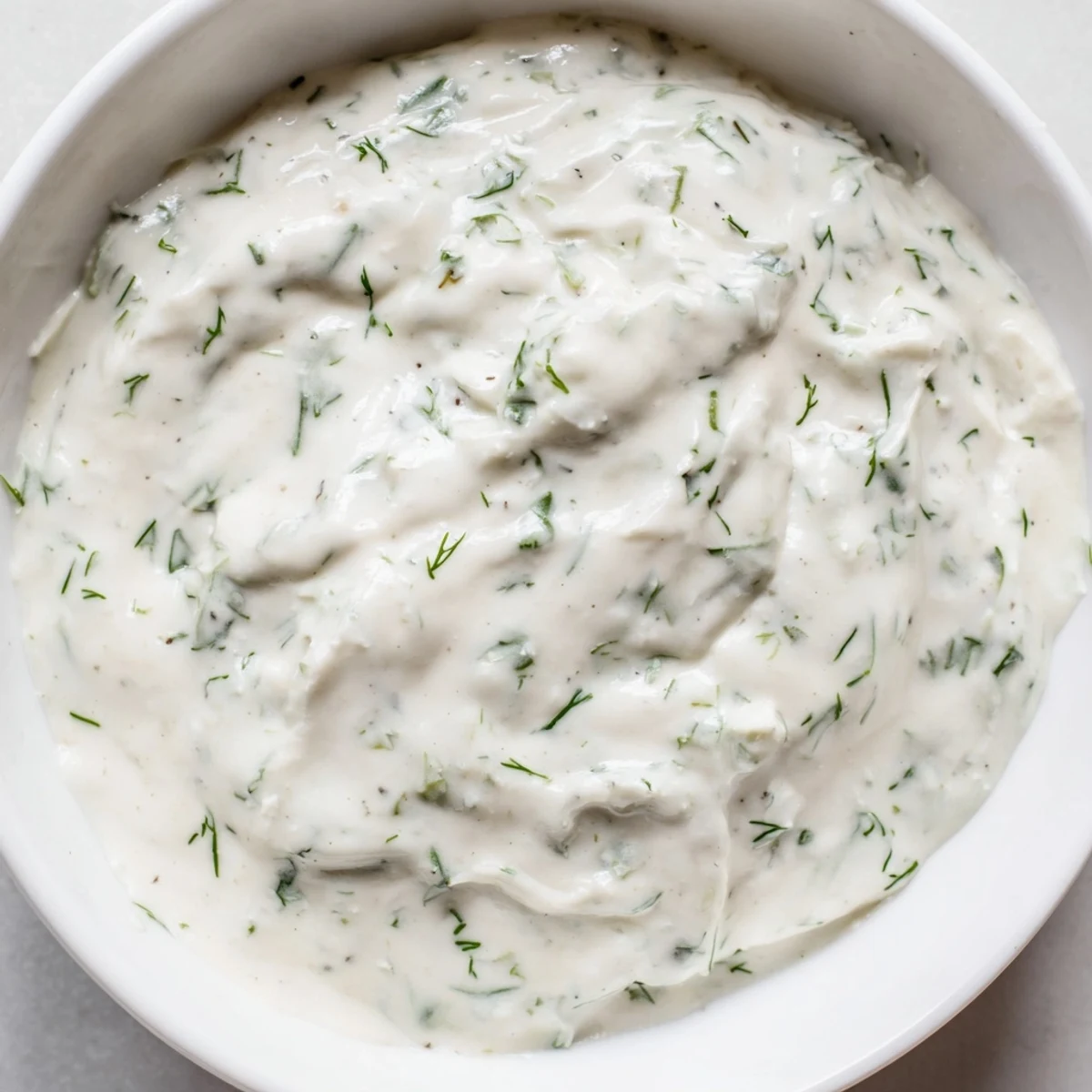 Close-up of vibrant Greek yogurt ranch dip, smelling of fresh dill, perfect for a party.