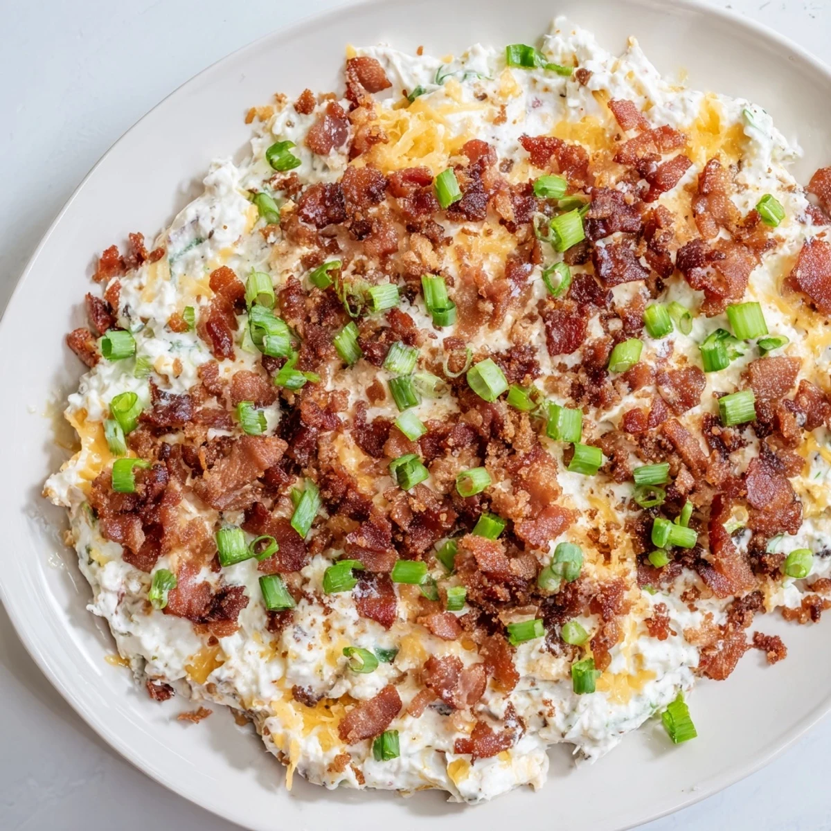 A close-up of a warm and savory Cheesy Bacon Ranch Dip, ideal with crackers or tortilla chips.