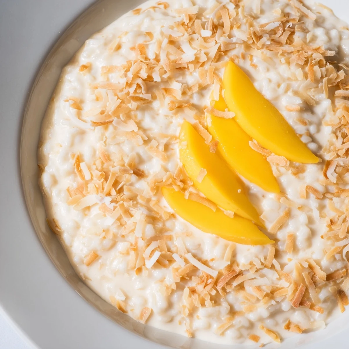 A warm bowl of Toasted Coconut Rice Pudding, topped with golden toasted coconut flakes.