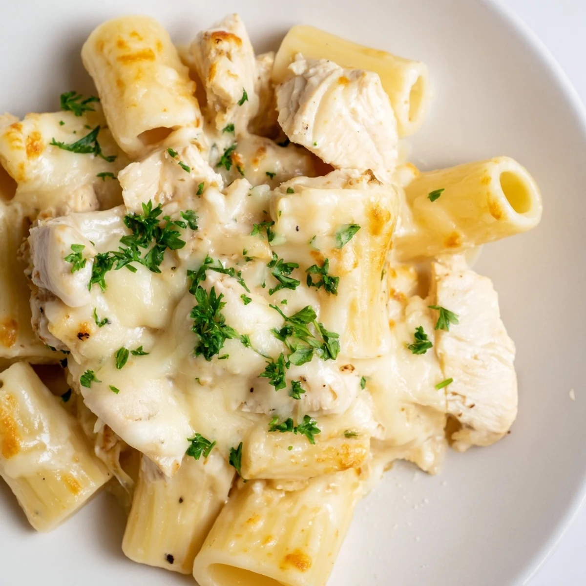 Golden brown and bubbly Chicken Alfredo Bake, a comforting casserole with creamy sauce and pasta.