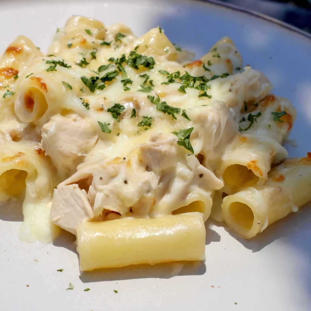 A close-up of a steaming Chicken Alfredo Bake showcasing melted cheese and perfectly cooked pasta.