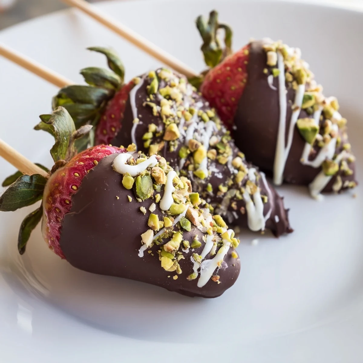 Chocolate-Dipped Strawberry Skewers glistening with decadent dark chocolate and sprinkled with pistachios, ready to enjoy.