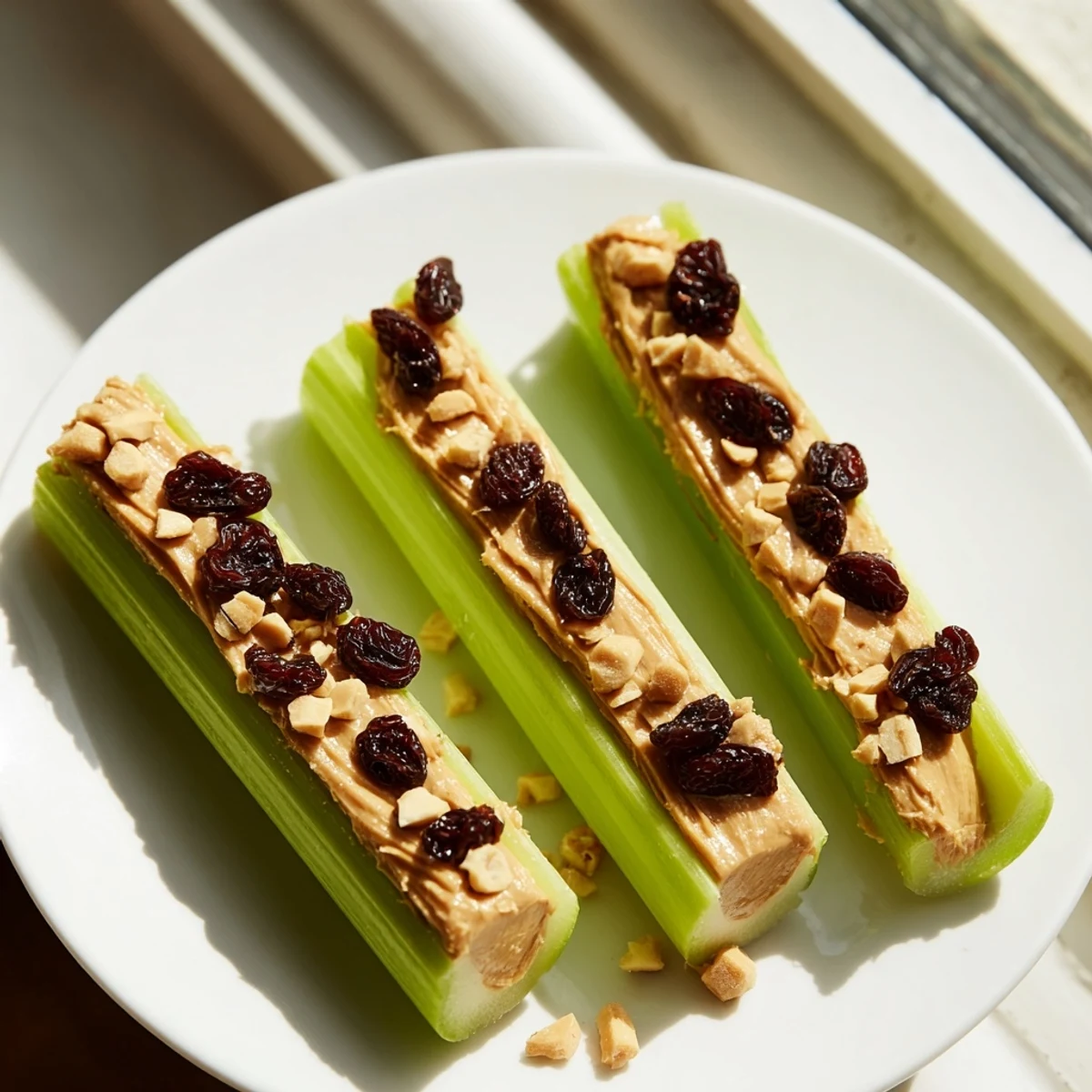 Close-up of Peanut Butter Celery Sticks: crisp celery stalks filled with smooth peanut butter and crunchy peanuts.