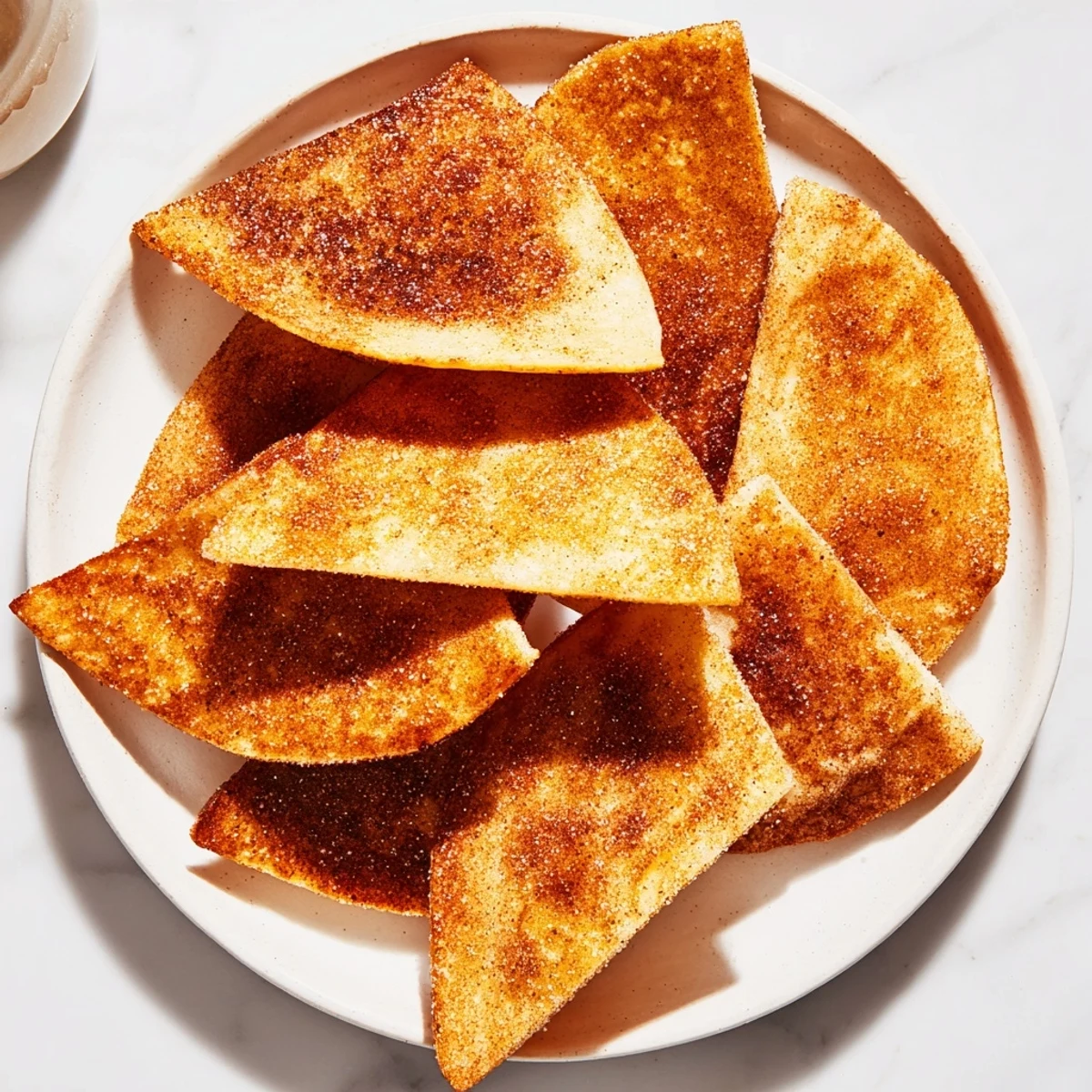 Golden, crispy cinnamon sugar tortilla chips, a simple dessert snack with sweet, spiced flavor.