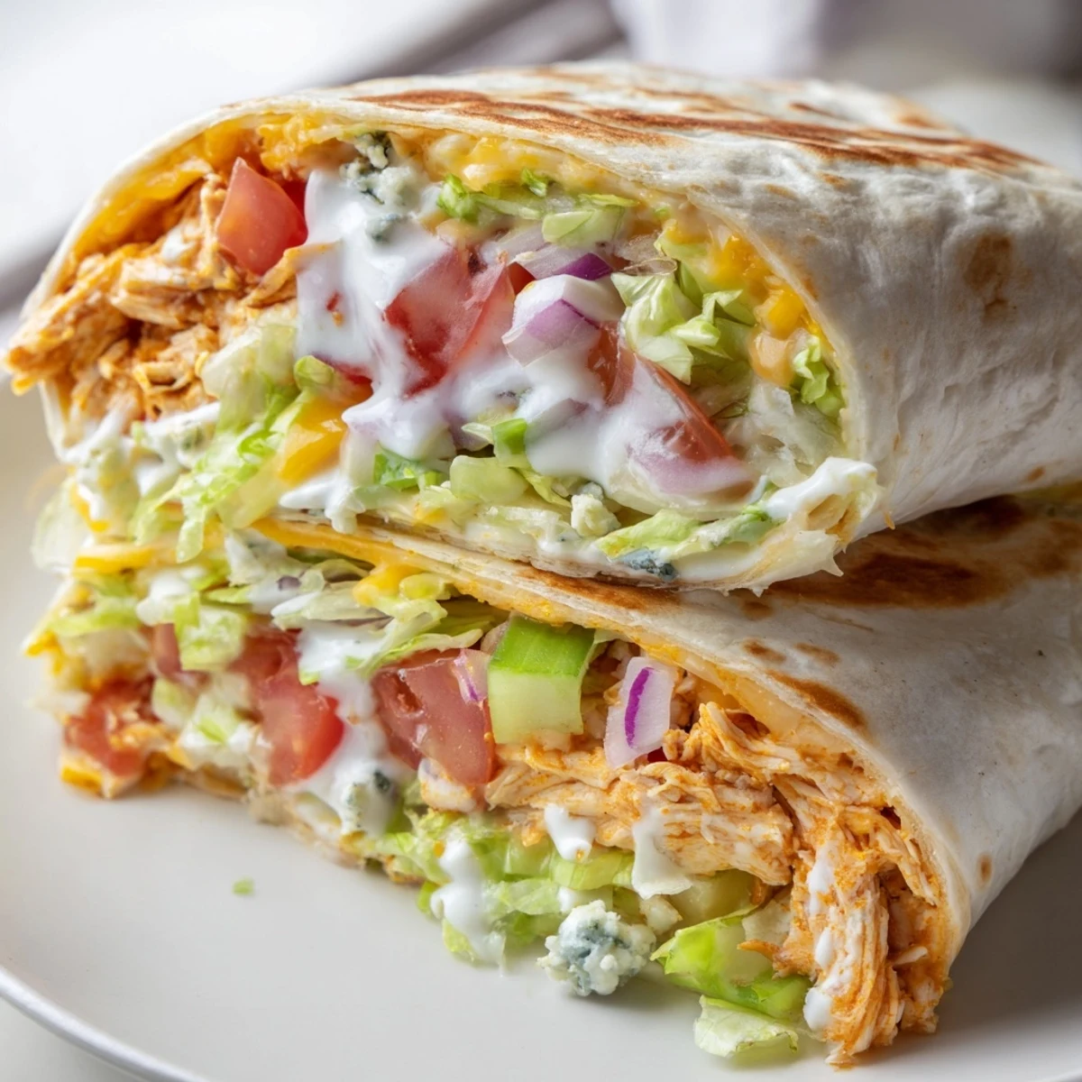 Golden-brown Buffalo Chicken Wrap, filled with savory chicken and fresh veggies, served on a plate.