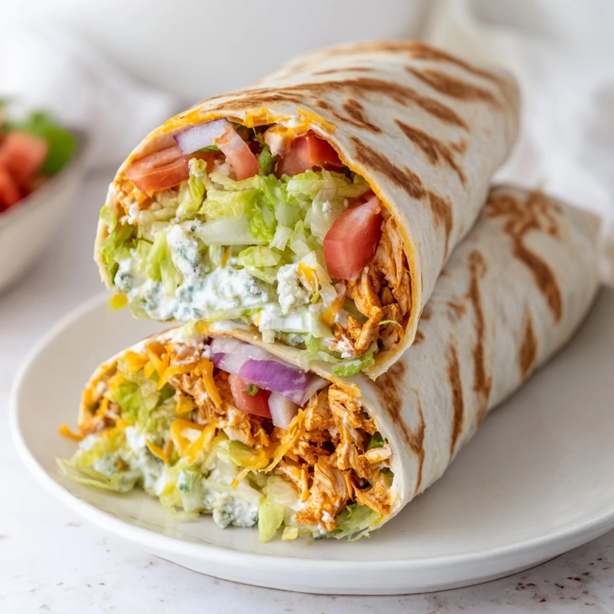 A close-up view of a flavorful Buffalo Chicken Wrap, filled and folded to perfection, ready to eat.
